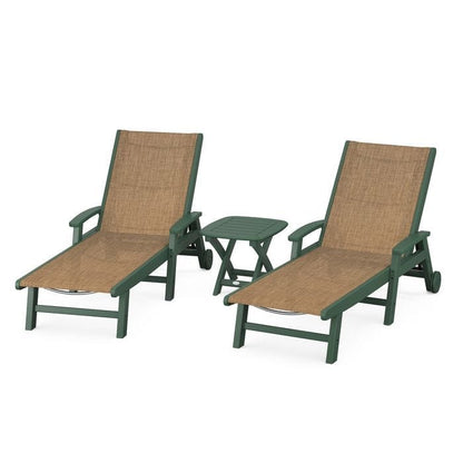 Polywood Polywood Green / Burlap Polywood Coastal 3-Piece Wheeled Chaise Set with Nautical Side Table