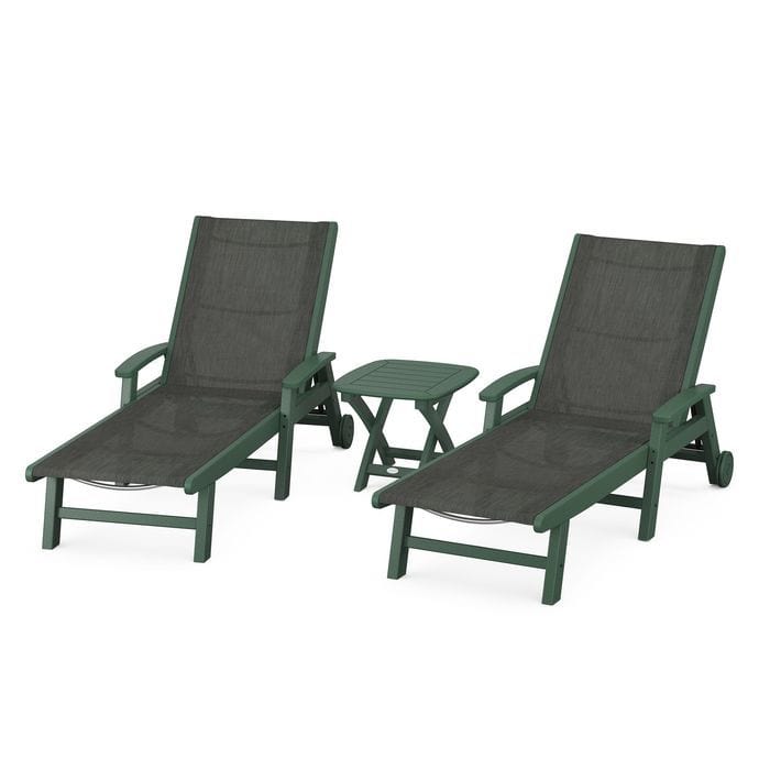 Polywood Polywood Green / Ember Polywood Coastal 3-Piece Wheeled Chaise Set with Nautical Side Table