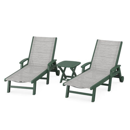 Polywood Polywood Green / Metallic Polywood Coastal 3-Piece Wheeled Chaise Set with Nautical Side Table