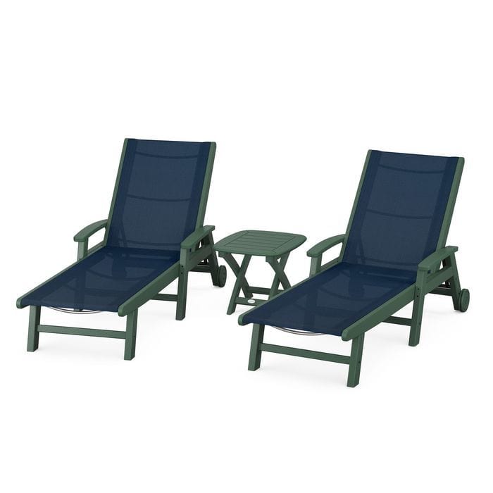 Polywood Polywood Green / Navy Blue Polywood Coastal 3-Piece Wheeled Chaise Set with Nautical Side Table