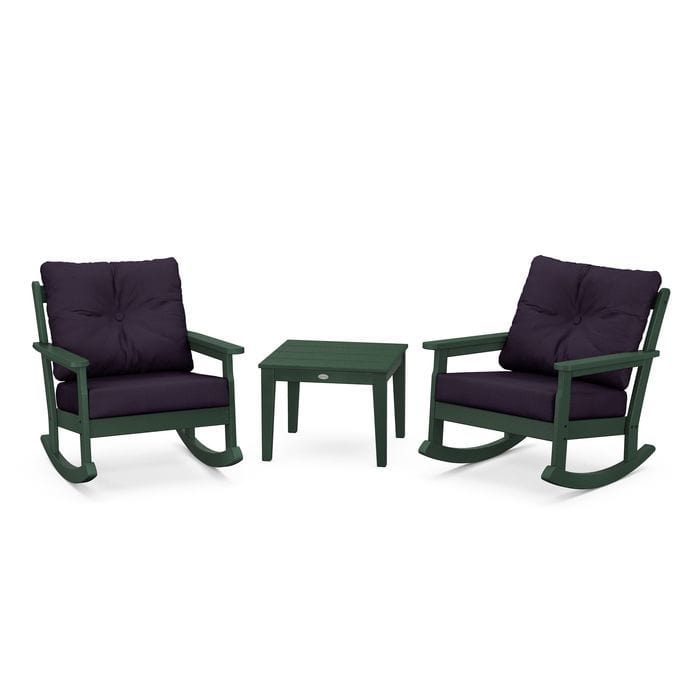 Polywood Polywood Green / Navy Linen Polywood Vineyard 3-Piece Deep Seating Rocking Chair Set