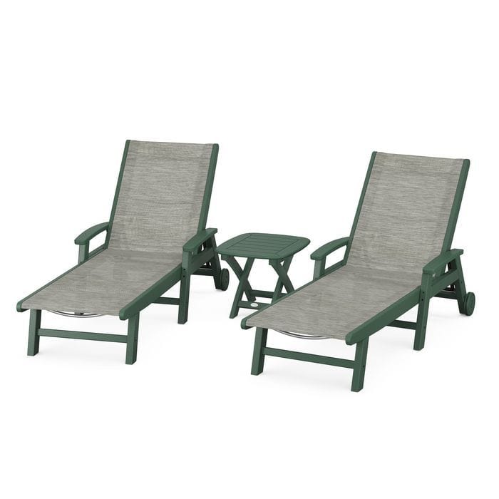 Polywood Polywood Green / Onyx Polywood Coastal 3-Piece Wheeled Chaise Set with Nautical Side Table