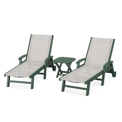 Polywood Polywood Green / Parchment Polywood Coastal 3-Piece Wheeled Chaise Set with Nautical Side Table
