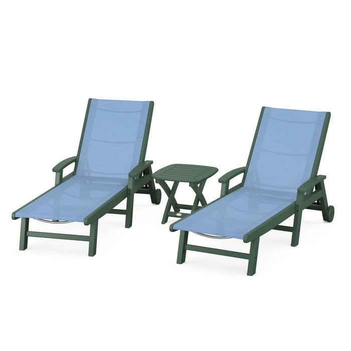 Polywood Polywood Green / Poolside Polywood Coastal 3-Piece Wheeled Chaise Set with Nautical Side Table