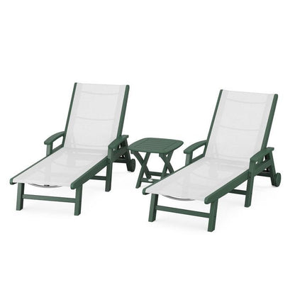 Polywood Polywood Green / White Polywood Coastal 3-Piece Wheeled Chaise Set with Nautical Side Table