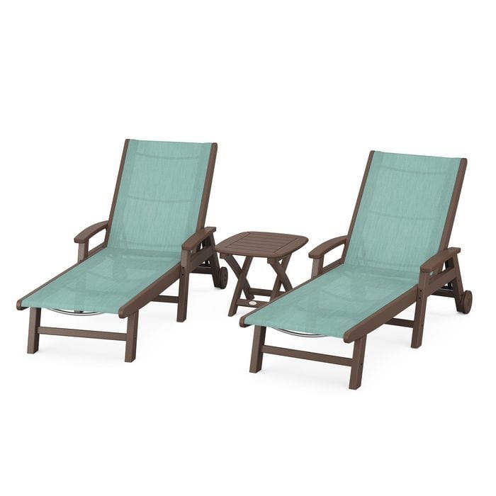Polywood Polywood Mahogany / Aquamarine Polywood Coastal 3-Piece Wheeled Chaise Set with Nautical Side Table
