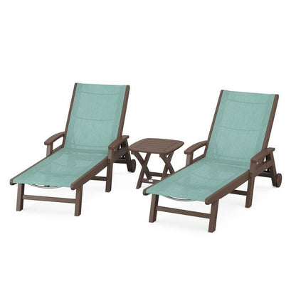 Polywood Polywood Mahogany / Aquamarine Polywood Coastal 3-Piece Wheeled Chaise Set with Nautical Side Table