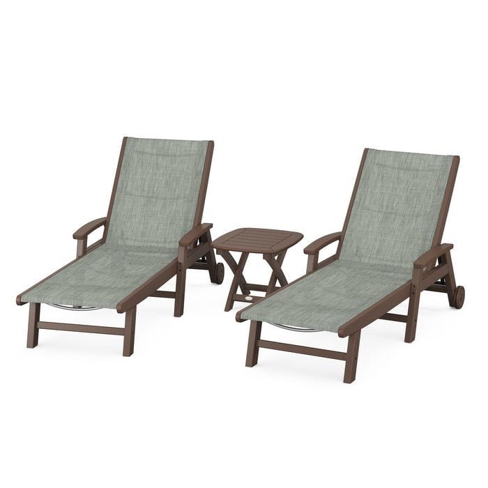 Polywood Polywood Mahogany / Birch Polywood Coastal 3-Piece Wheeled Chaise Set with Nautical Side Table