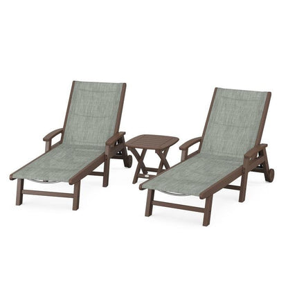 Polywood Polywood Mahogany / Birch Polywood Coastal 3-Piece Wheeled Chaise Set with Nautical Side Table
