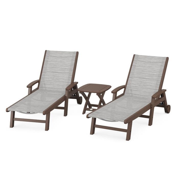 Polywood Polywood Mahogany / Metallic Polywood Coastal 3-Piece Wheeled Chaise Set with Nautical Side Table