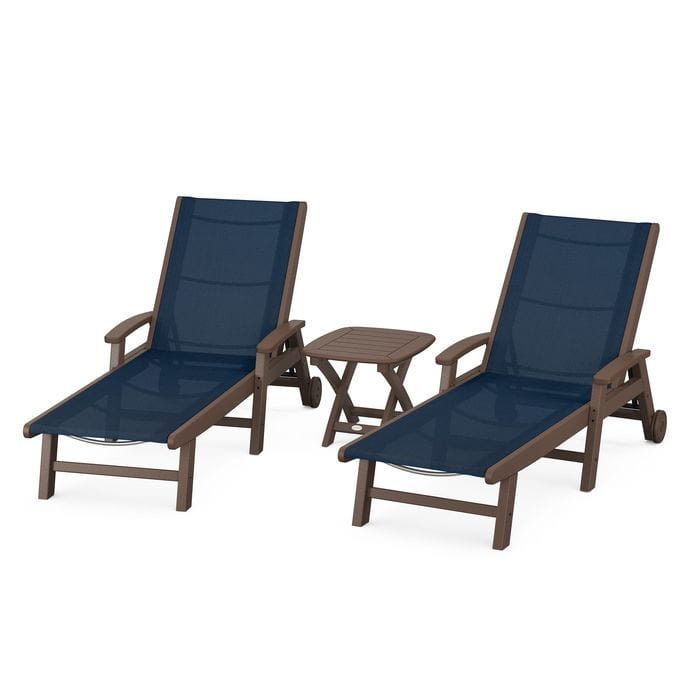Polywood Polywood Mahogany / Navy Blue Polywood Coastal 3-Piece Wheeled Chaise Set with Nautical Side Table