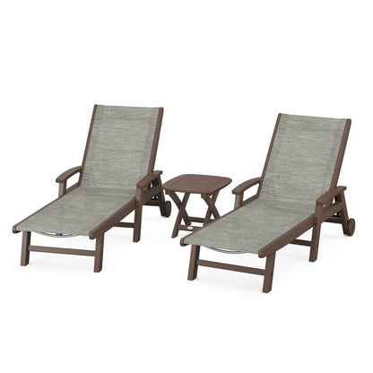 Polywood Polywood Mahogany / Onyx Polywood Coastal 3-Piece Wheeled Chaise Set with Nautical Side Table