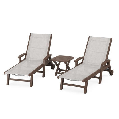 Polywood Polywood Mahogany / Parchment Polywood Coastal 3-Piece Wheeled Chaise Set with Nautical Side Table