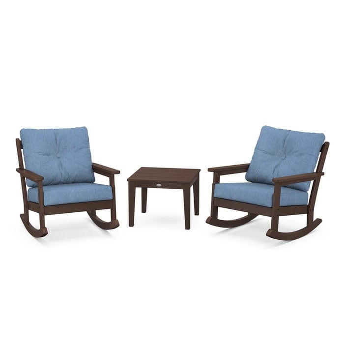 Polywood Polywood Mahogany / Sky Blue Polywood Vineyard 3-Piece Deep Seating Rocking Chair Set