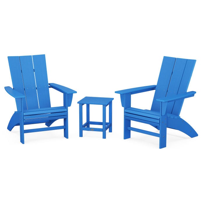 Polywood Polywood Pacific Blue Polywood Modern 3-Piece Curveback Adirondack Set With Long Island 18&quot; Side Table