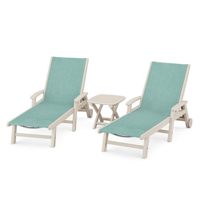 Polywood Polywood Sand / Aquamarine Polywood Coastal 3-Piece Wheeled Chaise Set with Nautical Side Table