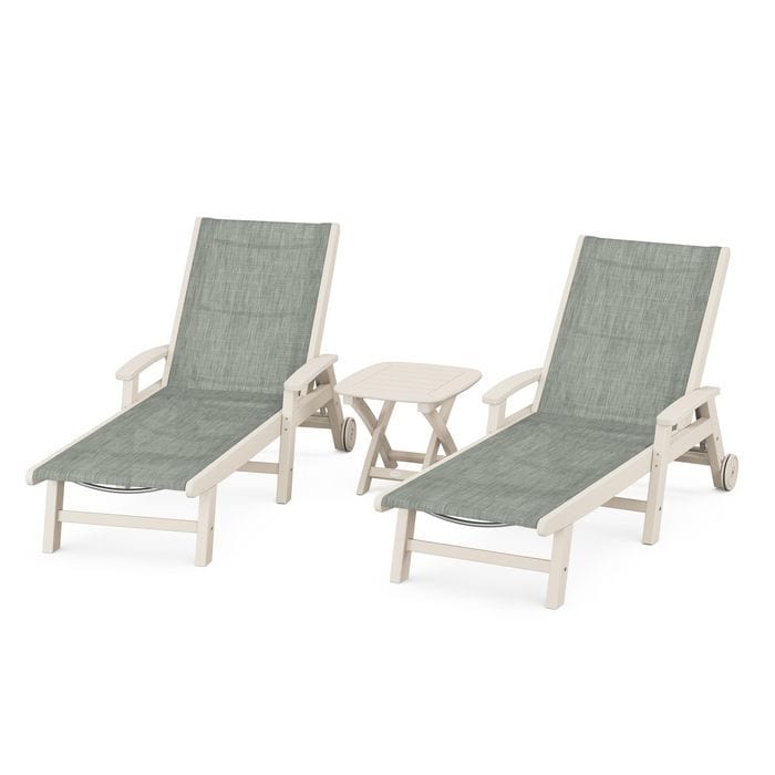 Polywood Polywood Sand / Birch Polywood Coastal 3-Piece Wheeled Chaise Set with Nautical Side Table