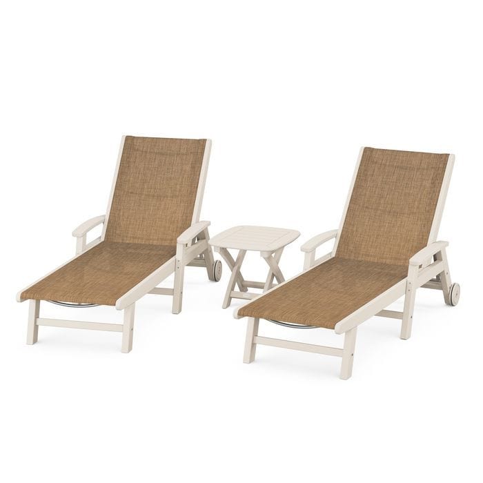 Polywood Polywood Sand / Burlap Polywood Coastal 3-Piece Wheeled Chaise Set with Nautical Side Table