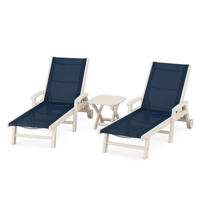 Polywood Polywood Sand / Navy Blue Polywood Coastal 3-Piece Wheeled Chaise Set with Nautical Side Table