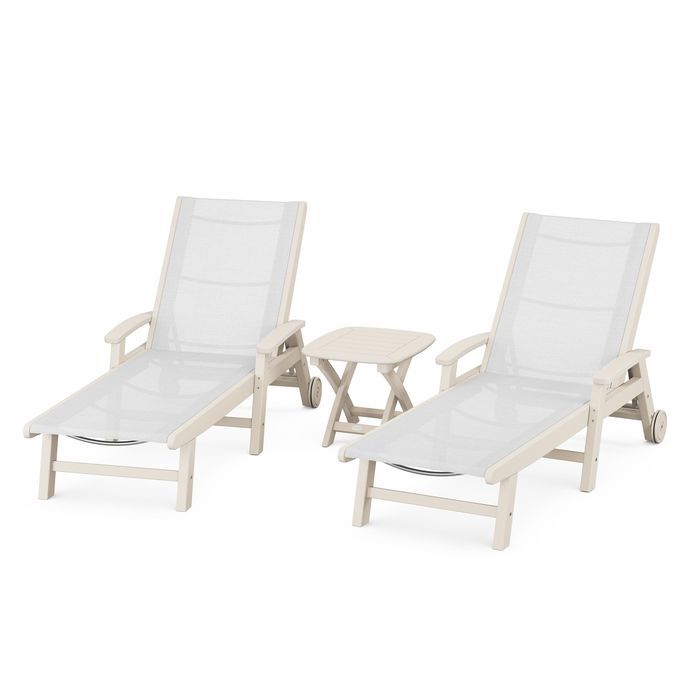 Polywood Polywood Sand / White Polywood Coastal 3-Piece Wheeled Chaise Set with Nautical Side Table