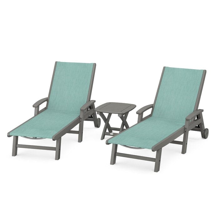 Polywood Polywood Slate Grey / Aquamarine Polywood Coastal 3-Piece Wheeled Chaise Set with Nautical Side Table