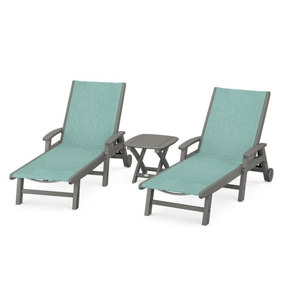 Polywood Polywood Slate Grey / Aquamarine Polywood Coastal 3-Piece Wheeled Chaise Set with Nautical Side Table