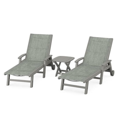 Polywood Polywood Slate Grey / Birch Polywood Coastal 3-Piece Wheeled Chaise Set with Nautical Side Table