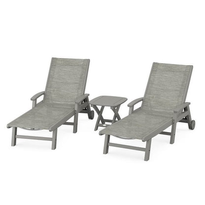 Polywood Polywood Slate Grey / Onyx Polywood Coastal 3-Piece Wheeled Chaise Set with Nautical Side Table