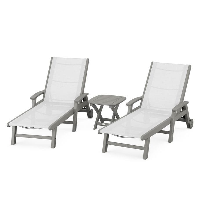 Polywood Polywood Slate Grey / White Polywood Coastal 3-Piece Wheeled Chaise Set with Nautical Side Table