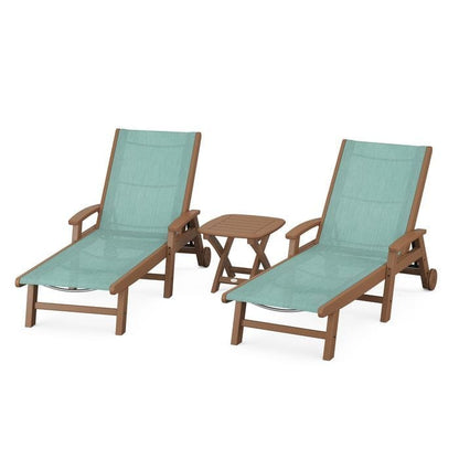 Polywood Polywood Teak / Aquamarine Polywood Coastal 3-Piece Wheeled Chaise Set with Nautical Side Table