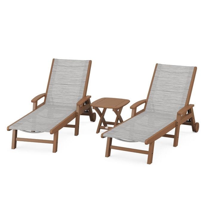 Polywood Polywood Teak / Metallic Polywood Coastal 3-Piece Wheeled Chaise Set with Nautical Side Table
