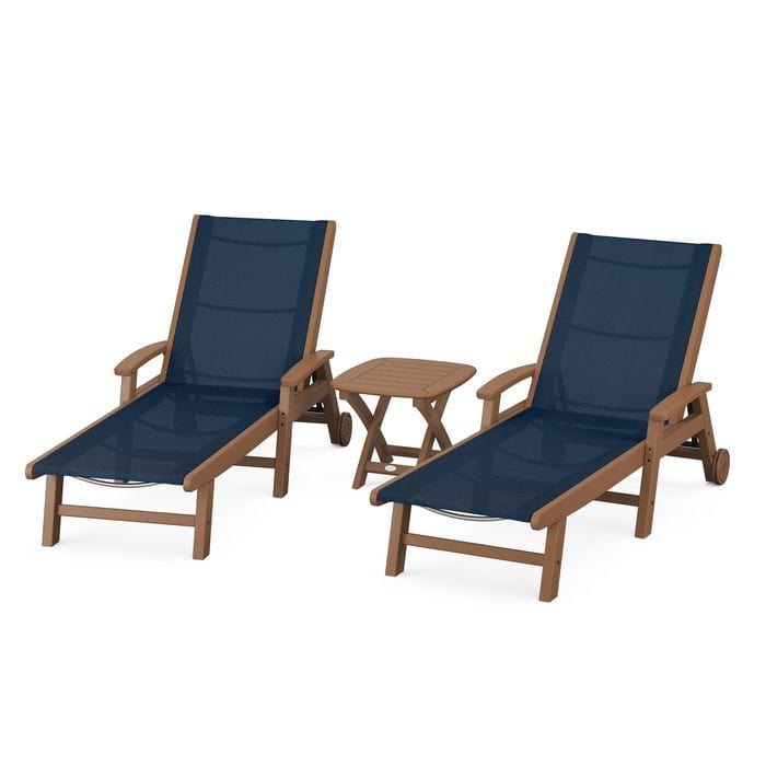Polywood Polywood Teak / Navy Blue Polywood Coastal 3-Piece Wheeled Chaise Set with Nautical Side Table