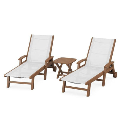 Polywood Polywood Teak / White Polywood Coastal 3-Piece Wheeled Chaise Set with Nautical Side Table
