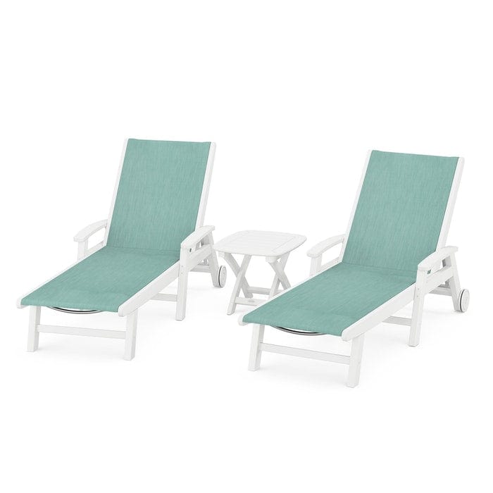Polywood Polywood White / Aquamarine Polywood Coastal 3-Piece Wheeled Chaise Set with Nautical Side Table