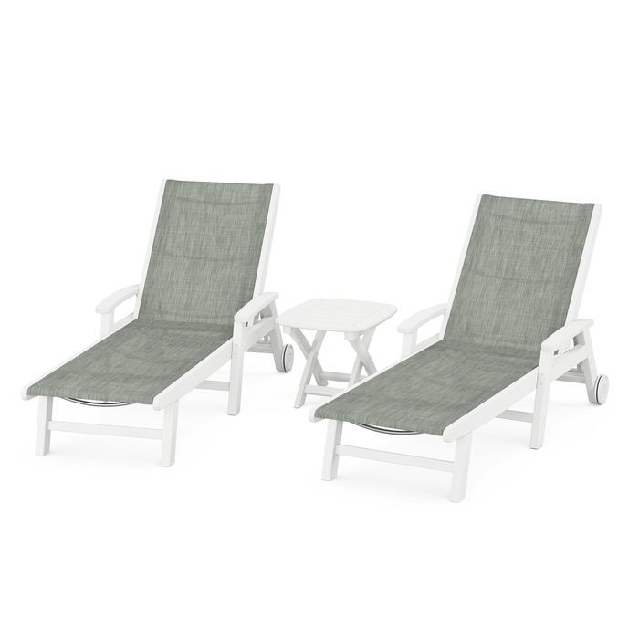 Polywood Polywood White / Birch Polywood Coastal 3-Piece Wheeled Chaise Set with Nautical Side Table