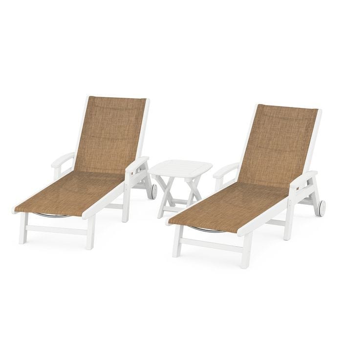 Polywood Polywood White / Burlap Polywood Coastal 3-Piece Wheeled Chaise Set with Nautical Side Table