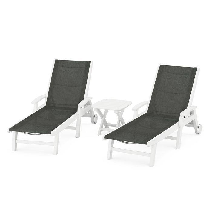 Polywood Polywood White / Ember Polywood Coastal 3-Piece Wheeled Chaise Set with Nautical Side Table