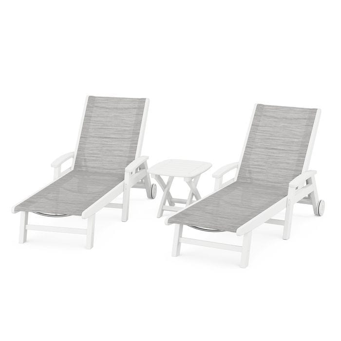 Polywood Polywood White / Metallic Polywood Coastal 3-Piece Wheeled Chaise Set with Nautical Side Table
