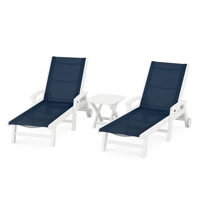 POLYWOOD Coastal 3-Piece Wheeled Chaise Set with Nautical Side Table in White / Navy Blue