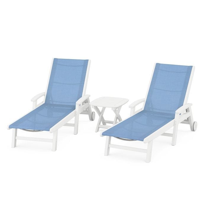 Polywood Polywood White / Poolside Polywood Coastal 3-Piece Wheeled Chaise Set with Nautical Side Table