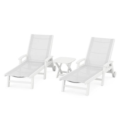 Polywood Polywood White / White Polywood Coastal 3-Piece Wheeled Chaise Set with Nautical Side Table