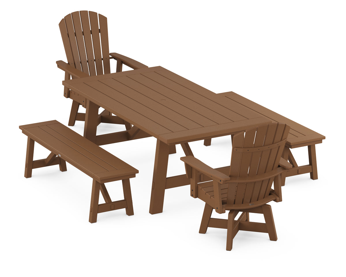 POLYWOOD Nautical Curveback Adirondack Swivel Chair 5-Piece Rustic Farmhouse Dining Set with Benches in Teak
