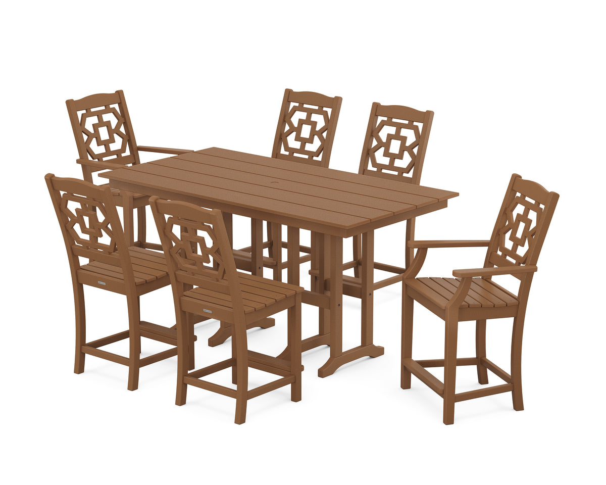 POLYWOOD Chinoiserie 7-Piece Farmhouse Counter Set in Teak