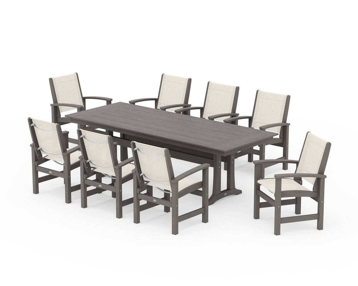 POLYWOOD Coastal 9-Piece Farmhouse Dining Set with Trestle Legs in Driftwood / Parchment