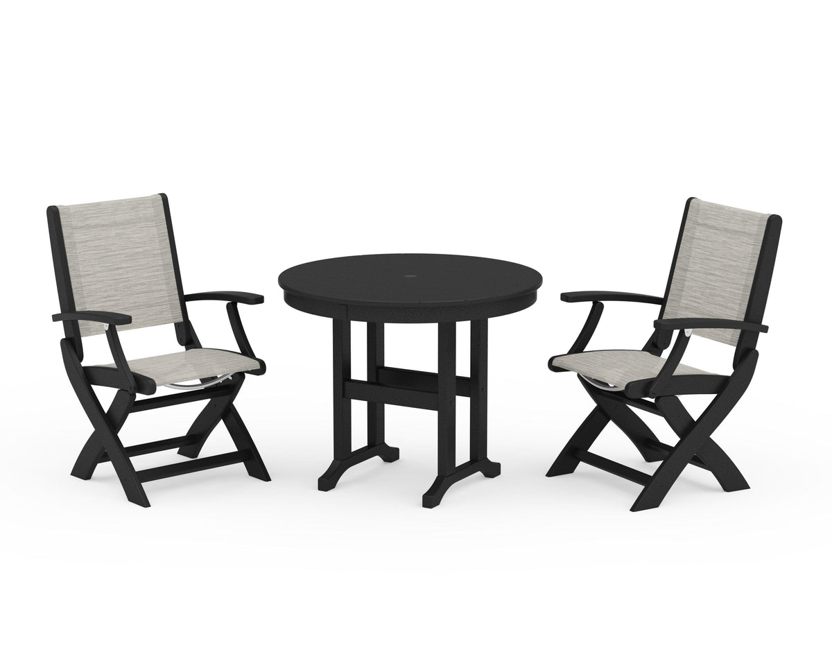 POLYWOOD Coastal Folding Chair 3-Piece Round Dining Set in Black / Birch