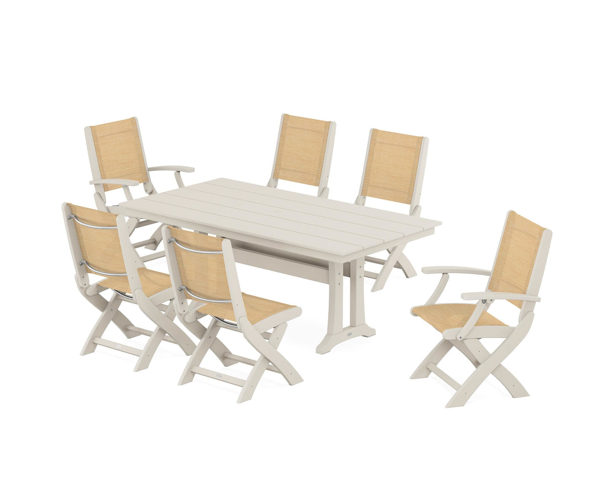 POLYWOOD Coastal Folding Chair 7-Piece Farmhouse Dining Set with Trestle Legs in Sand / Dupioni Apricot