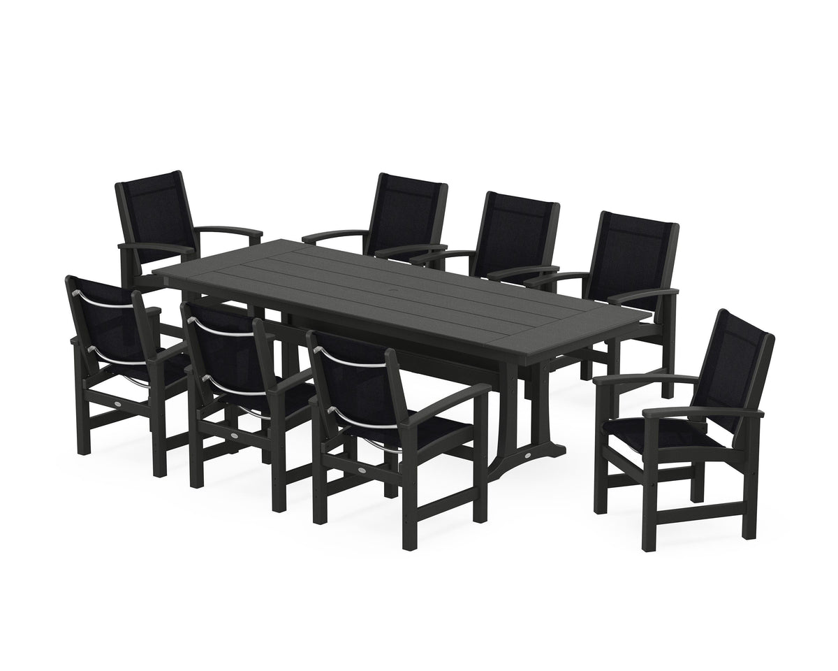 POLYWOOD Coastal 9-Piece Farmhouse Dining Set with Trestle Legs in Black / Black