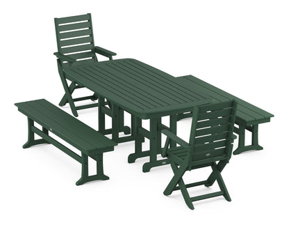 POLYWOOD Captain Folding Chair 5-Piece Dining Set with Benches - 37" x 72" Table in Green