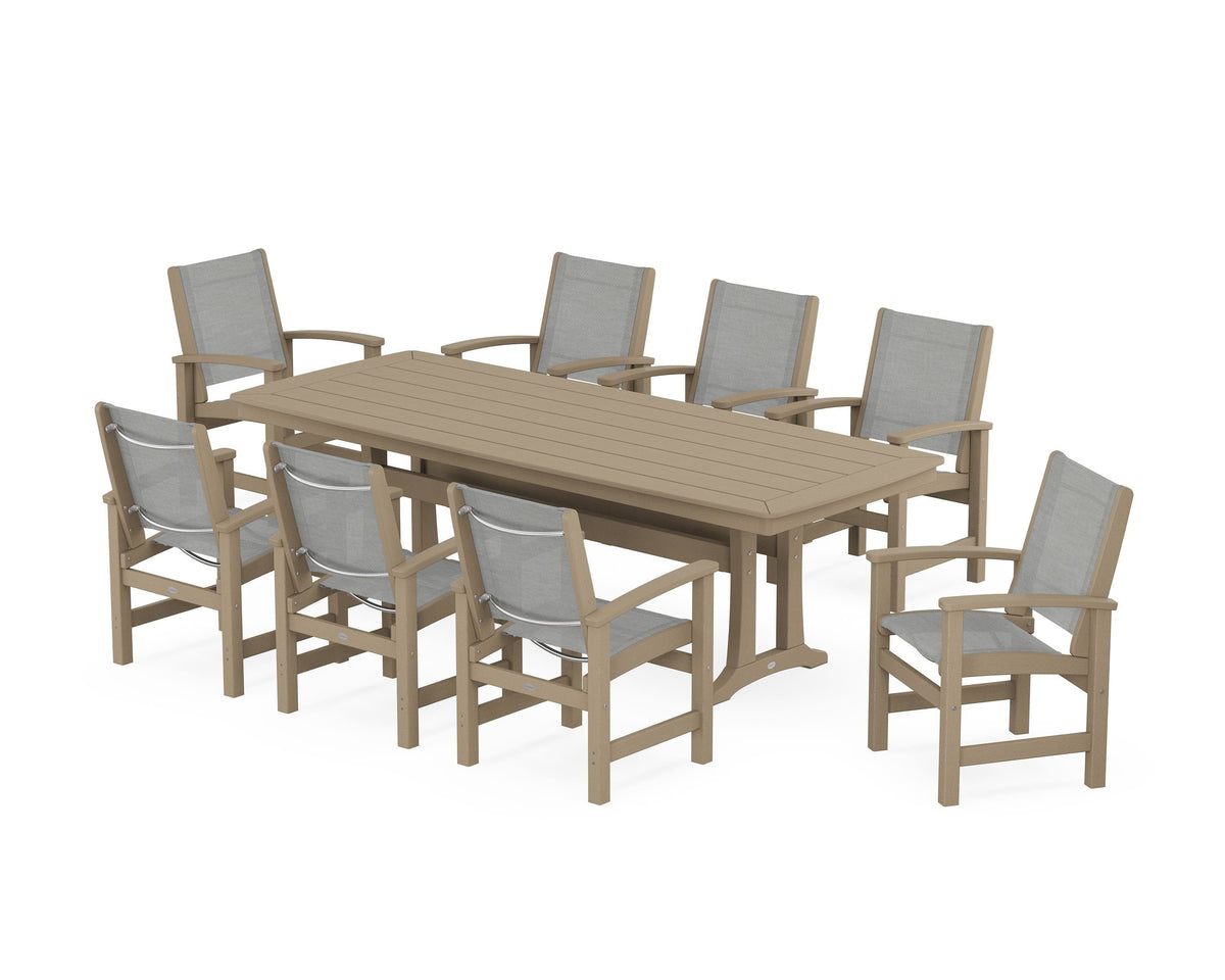POLYWOOD Coastal 9-Piece Dining Set with Trestle Legs in Vintage Sahara / Metallic