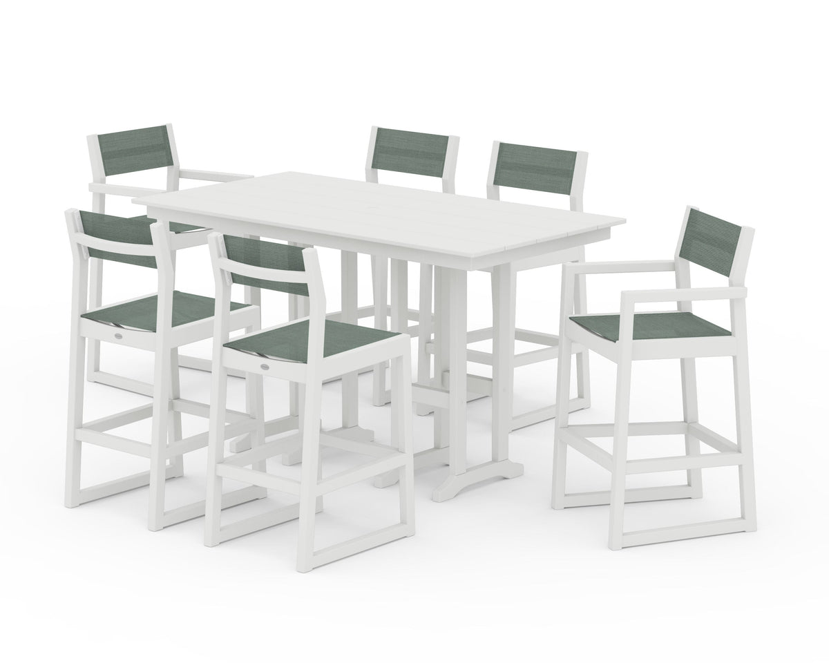 POLYWOOD EDGE Sling 7-Piece Farmhouse Bar Set in White / Dupioni Sea Mist